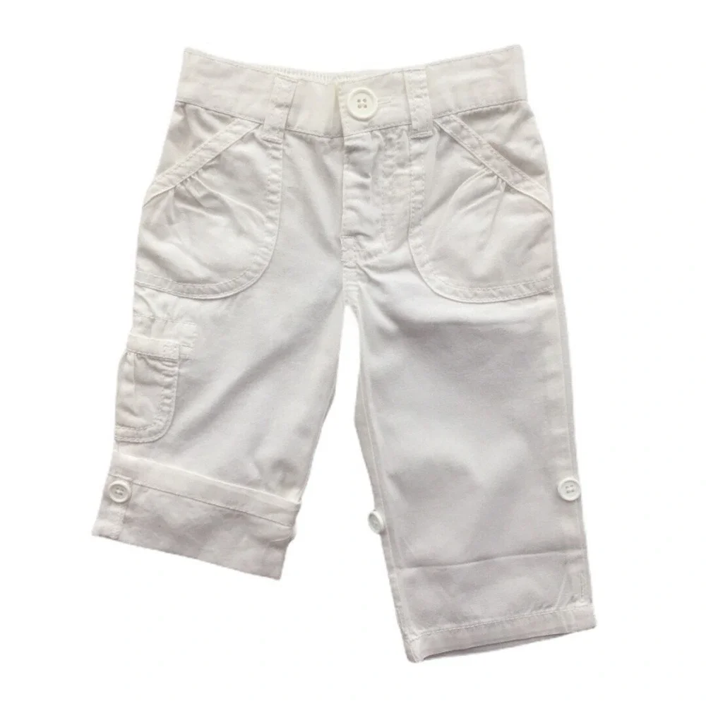 CHEROKEE Baby Girl White PANTS 12 M Roll Up Cropped or Long Button Cargo Cotton